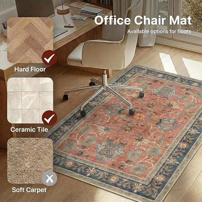 48"x72" Office Chair Mat for Hardwood Tile Floor, Under Desk Carpet Protector for Rolling Computer Chair Mat, Machine Washable Area Rug, Anti-Slip 1/5" Thick Low Pile Thin Vinyl Floor Mat, Antique Red