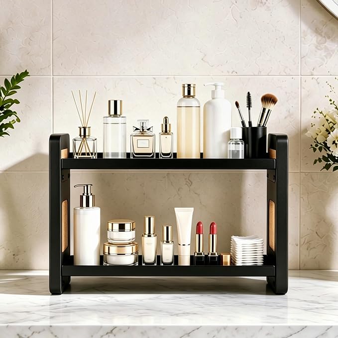 2-Tier Black Bathroom Countertop Organizers and Storage, Vanity Bathroom Sink Organizer Shelf for Skin Care Makeup Cologne and Perfume, Kitchen Countertop Spice Rack Organizer