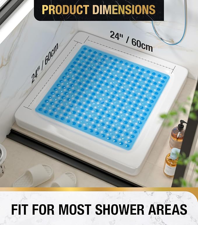 HITSLAM Shower Mat Anti Slip, Square Bath Mat for Tub Non Slip with Suction Cups and Drain Holes, 24x24 Inch Bathroom Shower Stall Floor Mat, Machine Washable, Soft on Feet, Blue