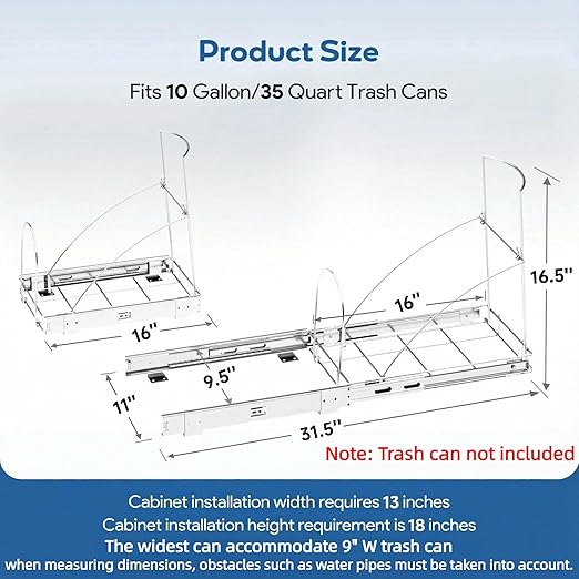 Pull Out Trash Can Under Cabinet & Under Sink - Heavy Duty Sliding Adjustable Cabinet Garbage Can Organizer, Requires Minimum Cabinets Opening 13" W X 18" D,Chrome Finish (Waste Bin Not Included)