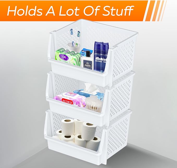 TidyFriend 6 Pack XLarge Stackable Storage Bins Open Front for Pantry Organizers and Storage, Pantry Storage for Food, Kitchen and Home Organization, Plastic Storage Bins, Dorm Room Essentials (White)
