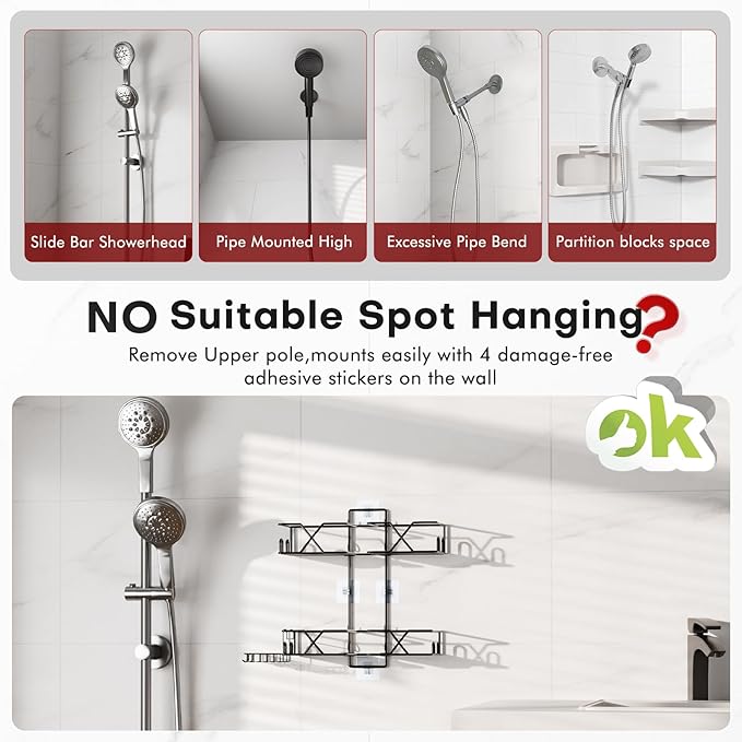 Sewulidon Stainless Steel Hanging Shower Caddy for Handheld Shower Heads,Adjustable Height Extra Long Bathroom Shower Organizer Hanger Rack with Hooks,Soap Holder