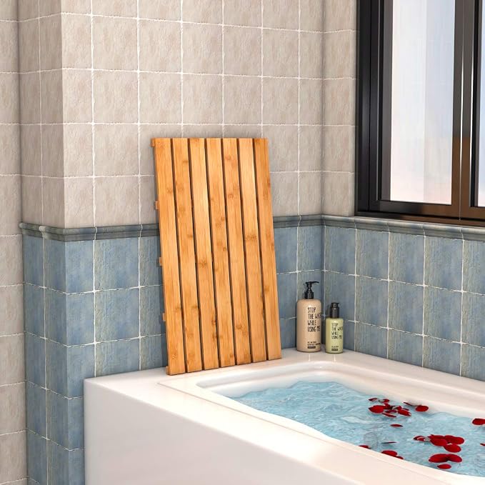 Bamboo Wooden Bath Floor Mat for Luxury Shower - Non-Slip Bathroom Waterproof Carpet for Indoor or Outdoor Use (31.3 x 18.1 x 1.5 Inches)