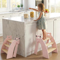 Step Stool for Toddlers, 3-Step Kids Step Stool for Bathroom Sink, Foldable Toilet Potty Training Bamboo Wooden Stool with Handles and Non-Slip Pads for Bedroom, Kitchen Stool Helper, Pink