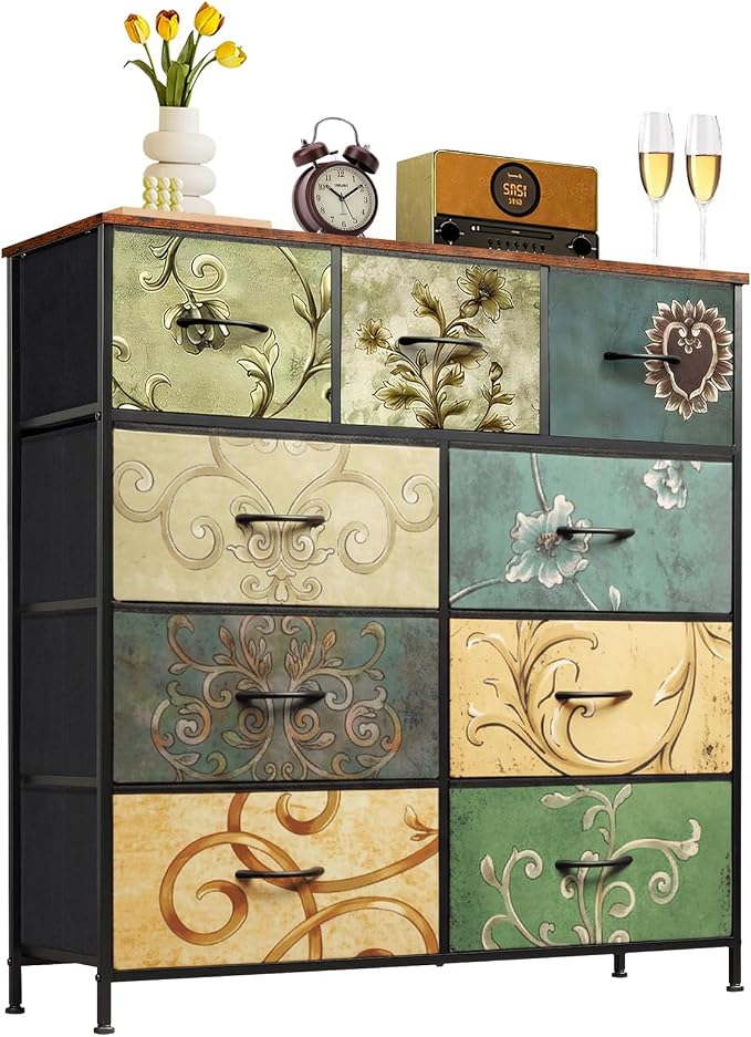 9-Drawer Dresser for Bedroom, Anti-Tip Tall Storage Organizer Chest of Drawers with Wooden Top and Metal Frame Fabric Bins for Closet, Living Room, Hallway, Entryway, Floral Painted
