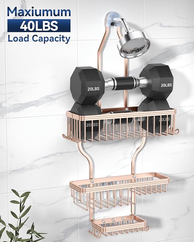 YASONIC Never Rust Shower Caddy Hanging, Aluminum Shower Racks for Inside Shower, 3-Tier Shower Organizer Hanging Over Shower Head with Hooks and Soap Holder, Rose Gold