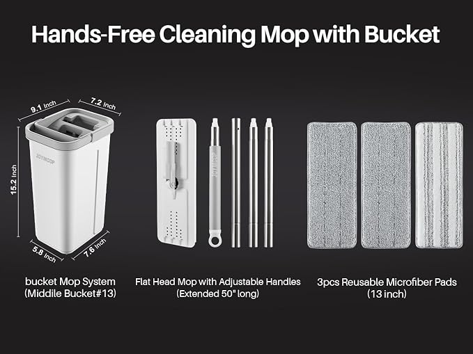 JOYMOOP Mop and Bucket Set, Hands-Free Flat Floor Mop with 3 Washable Microfiber Pads, Wet and Dry Use, Ideal for Home and Commercial Floor Cleaning