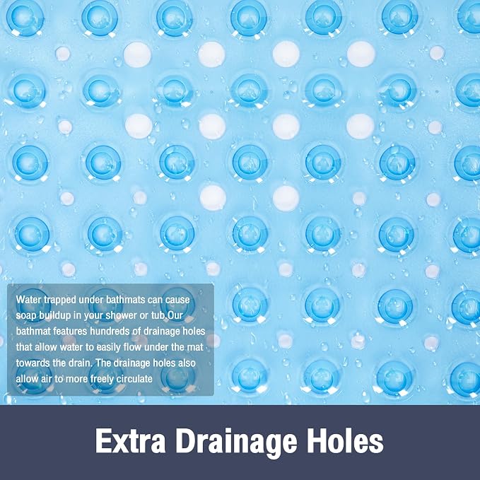 Extra Long Bathtub Mat Non Slip, Clear Blue Soft Bath Mat for Tub 40 x 16 Inch Full Size, Bath Tub Shower Mats for Bathroom Floor, Big Suction Cups and Drain Holes, Easy Washable, BPA Free