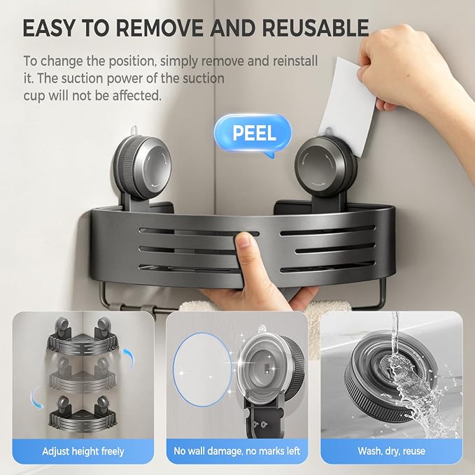 Lekesky Corner Shower Caddy Suction Cups, No Drilling Bathroom Shower Shelf | Aluminum, Rustproof, Suction Cup Can Remove and Reposition, Can hold up to 22 pounds, Also Can hold large shampoo bottles