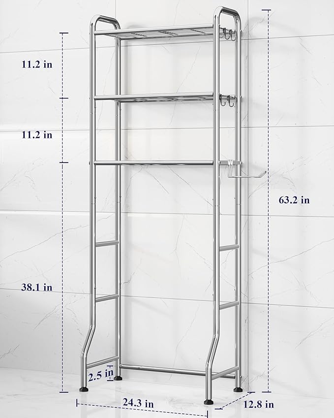 Kitsure Over Toilet Storage Rack - Metal Over Toilet Bathroom Organizer Shelf, Over the Toilet Storage Cabinet with Paper Holder and Hooks, Bathroom Cabinet for Laundry, Silver, 3 Tiers (63.2" H)