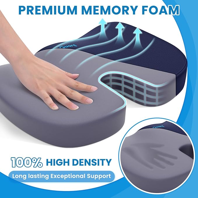 TushGuard Seat Cushion for Office Chair Memory Foam Non-Slip Cushion Back, Relief Chair Pad, Butt Pillow for Office, Car, Computer Desk, Blue, X-Large