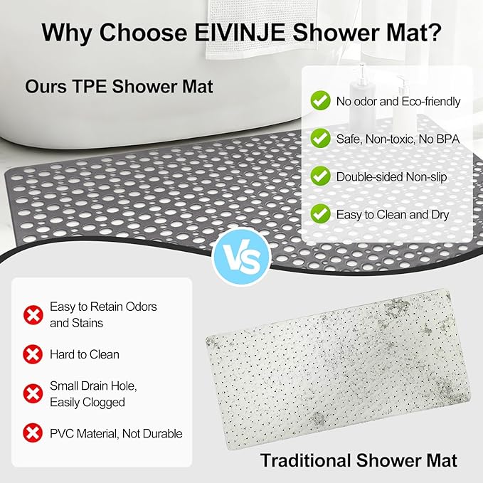 Anti Slip Shower Mat with Suction Cups,31.5x47.2 Inch Quick Drain TPE Non Slip Shower Mats for Inside Shower,Large Bath Mat for Shower Soft on Feet, Easy to Dry&Cut Machine Washable
