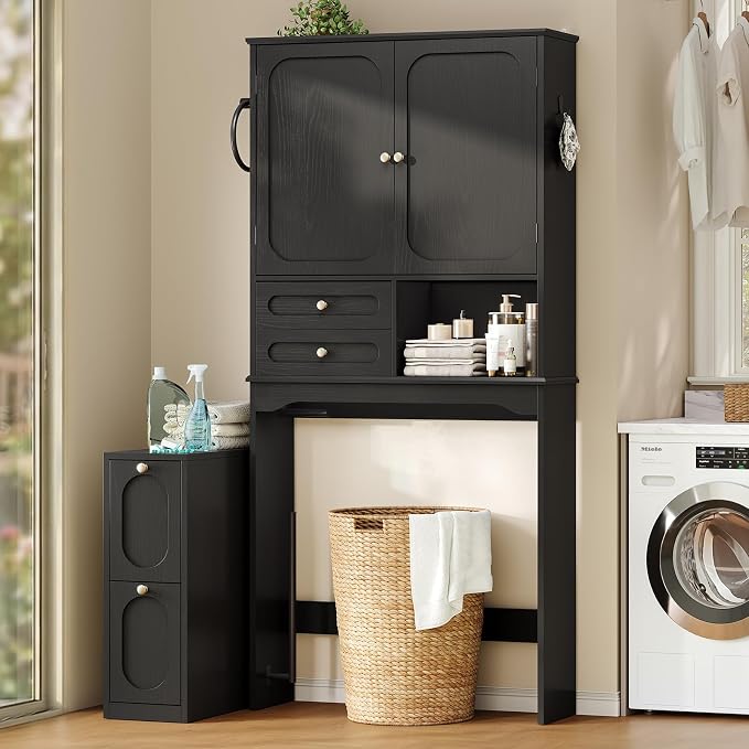 Over the Toilet Storage Cabinet with Mobile Bathroom Storage Cabinet & 3 Adjustable Shelves, Bathroom Storage Cabinet Over Toilet with 4 Section Drawers for Bathroom, Laundry Room, Black