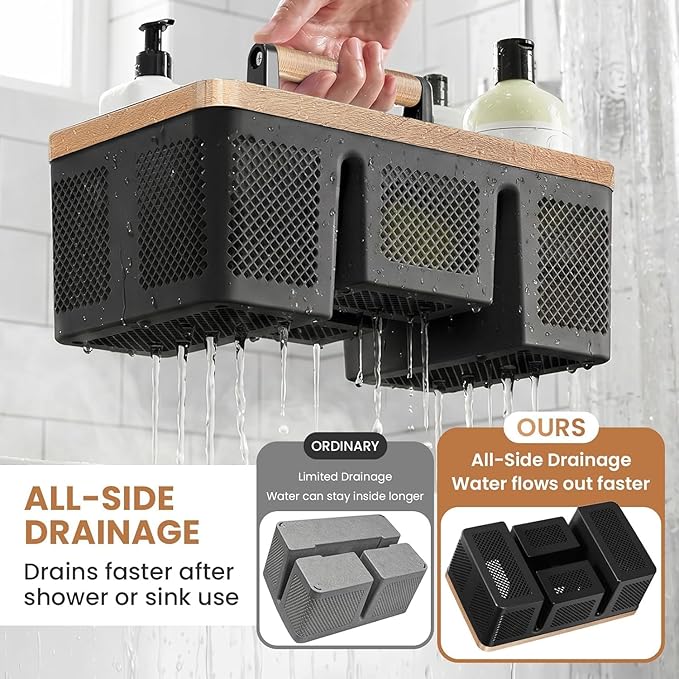 BYUNER Plastic Shower Caddy Dorm: Portable Hard Shower Basket with Handle, 4 Divided Compartments, All-Side Drainage, Bathroom & Cleaning Caddy for College Dorm Room Essentials, Black/wood grain