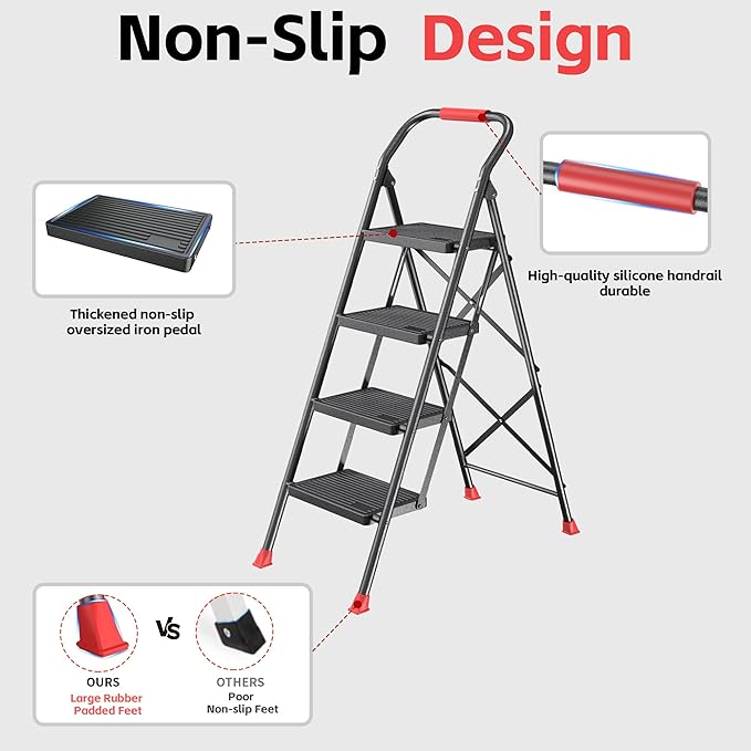 4 Step Ladder Stool Foldable with Handrails for Adults, Heavy Duty 4 Stepping Extension Tall Folding Ladder, Closet Stepstool Stair Ladders Extendable Stepladder for Indoor House Home Kitchen, 600LBS