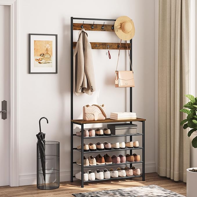HOOBRO Hall Tree, Coat Rack with Shoe Rack, Hall Tree with Bench, 5 Tier Shoe Storage Organizer with 9 Hooks for Entryway, Closet, Sturdy, Industrial, Rustic Brown and Black BF80MT01G2