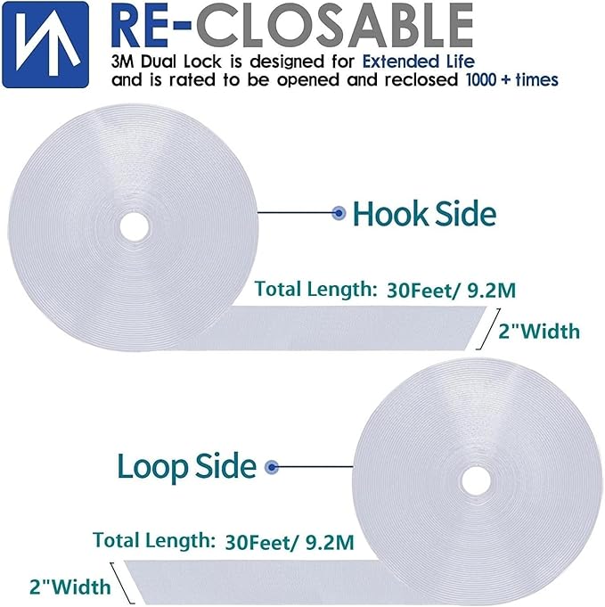 2 Inch x 30 Feet White Self Adhesive Hook and Loop Tape Sticky Back Fastening Roll, Nylon Self-Adhesive Heavy Duty Strips Fastener for Home Office School Car and Crafting Organization - White