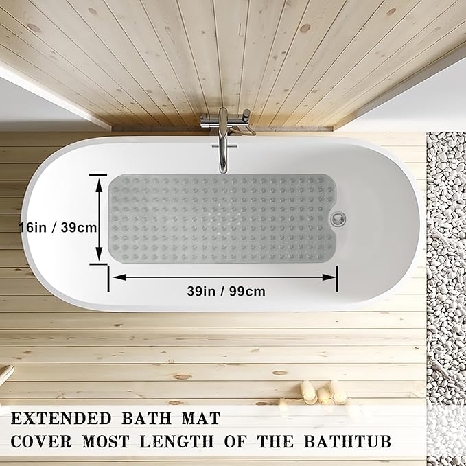 Bathtub and Shower Mats, Extra Long Non-Slip Bath Tub Mat 39 x 16 Inch, Machine Washable Bathmat with Suction Cups & Drain Holes for Bathroom Floor, Clear Grey