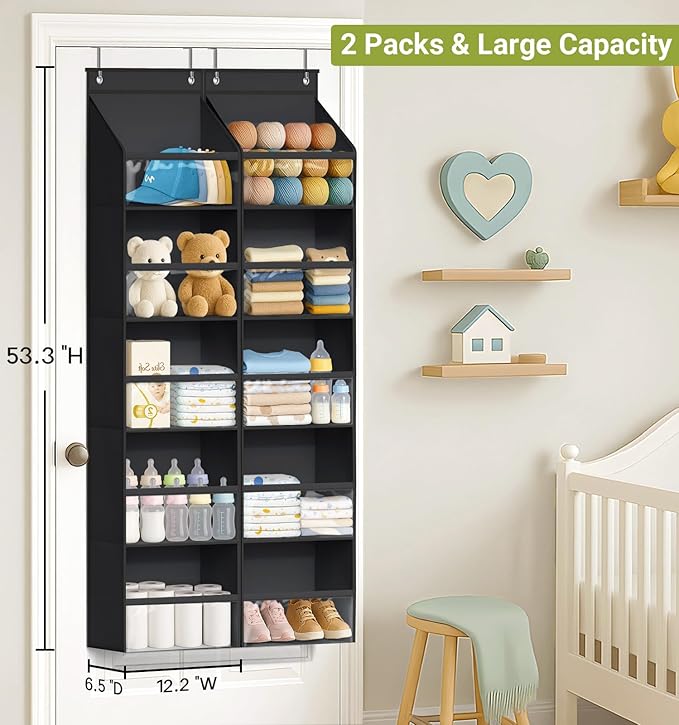 AOODA 2 Pack Over the Door Organizer, Large Capacity Closet Door Hanging Organizer, Clear Deep Pockets Baby Storage for Nursery, Bathroom, Bedroom, Pantry, Diapers (Black)