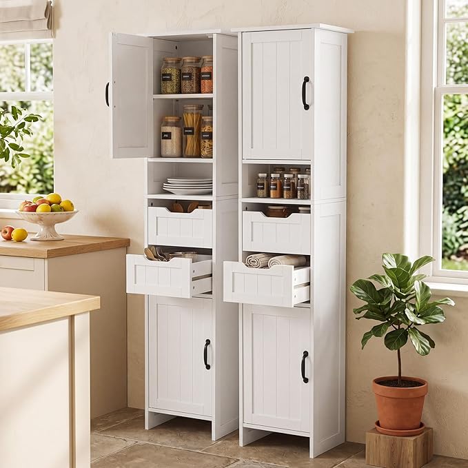 GRUSIGN 67" Tall Bathroom Storage Cabinet, Narrow Bathroom Cabinet with 2 Doors, 2 Drawers and 2 Adjustable Shelves, Slim Storage Cabinets for Kitchen, Living Room, Entryway, White
