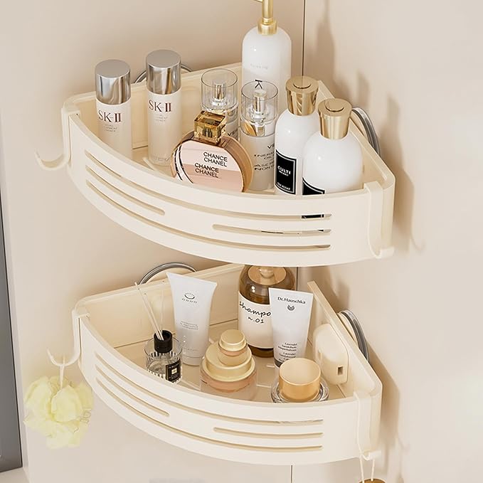 Corner Shower Caddy Suction Cup,Shower Shelves with Hooks,No Drilling Powerful Suction Bathroom Organizers and Storage,Removable Waterproof Rustproof Metal Shower Bathroom Decor (2 Pack-White)