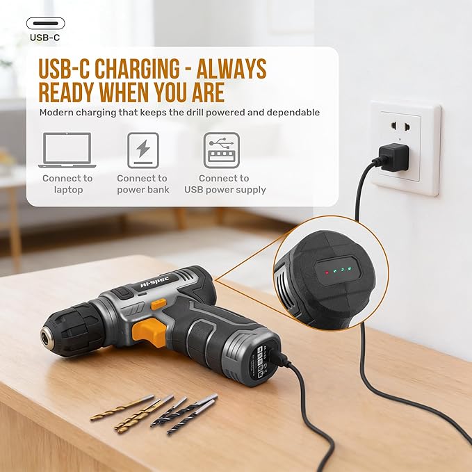 Hi-Spec 8V Cordless Drill Set & Home Tool Kit – USB Rechargeable Electric Power Drill Driver, Compact Tool Set with Essential Accessories, Gray, Perfect for DIY Repair, Maintenance, and Projects