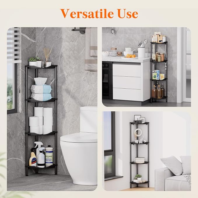 Lifewit Floor Standing Shower Caddy Corner, 4 Tier Plastic Shower Stand Rack with Adjustable Feet and Hooks, Rustproof Bathroom Shelf Organizer, Black, 34 x 24 x 107 cm/13 x 9.5 x 42 inch