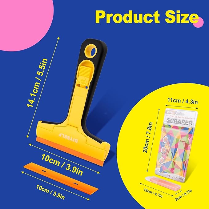 DIYSELF 1 Pack Plastic Razor Blade Scraper with 5 Pcs 4-Inch Plastic Razor Blades, Plastic Scraper Tool for Cleaning, Gasket and Decal Remover for Glass, Stovetop, Labels, Stickers & Paint Removal