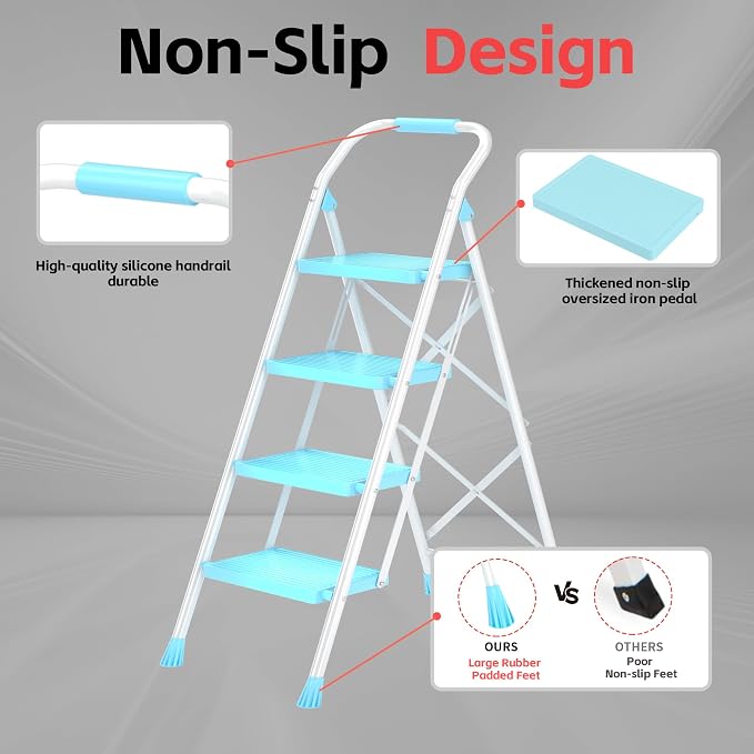 Step Ladder Foldable Folding Stool - for Home Adults Kitchen 4 Stepping Extension Tall Heavy Duty with Handrails - Closet Stepstool Stair Ladders Extendable Stepladder for Indoor House 600Lbs
