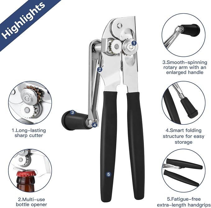 Heavy Duty Commercial Manual Crank Can Opener,Easy for Seniors & Arthritis | 360° rotation,easy cut,for restaurants & home kitchens,works on #10 cans,ergonomic
