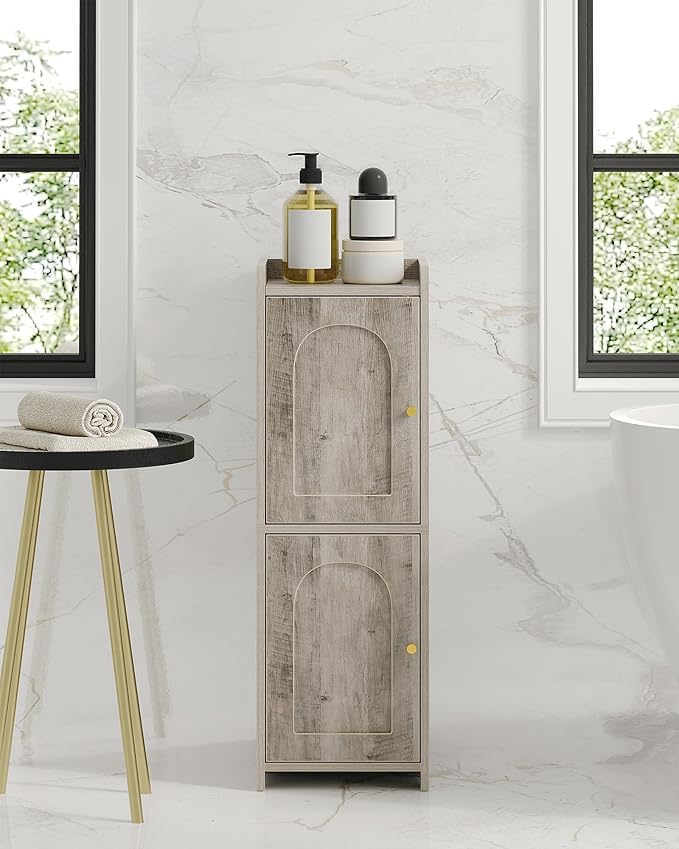 Hzuaneri Bathroom Storage Cabinet, Small Corner Floor Cabinet with 2 Doors and Adjustable Shelf, Narrow Toilet Paper Cabinets, Bathroom Organizer for Small Spaces, 7.9" D x 9.8" W x 29.5" H Greige