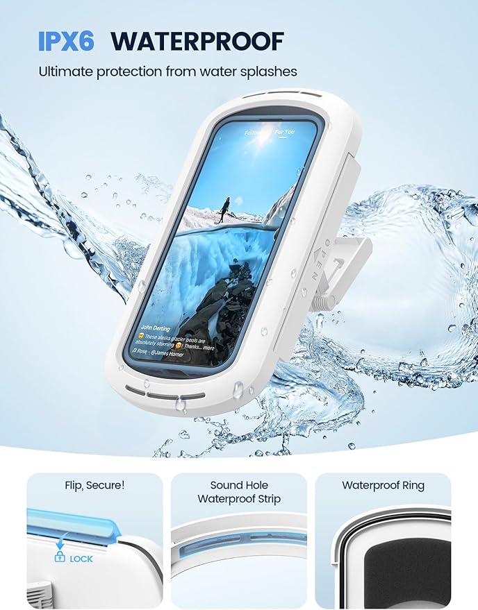 Lamicall Shower Phone Holder with Speaker Holes, IPX6 Waterproof Clear Sound & 480° Rotation Shower Case Accessories, Waterproof Bathroom Wall Mount for iPhone 17 Pro Max, S26 Ultra, 4-7" Phone