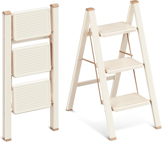 3 Step Ladder, 3 Step Stool for Adults, Folding Step Ladder with Secure Footing, Widened Pedal, Aesthetically Pleasing Looking, Blends Right into Domestic Rooms, Cream Chocolate
