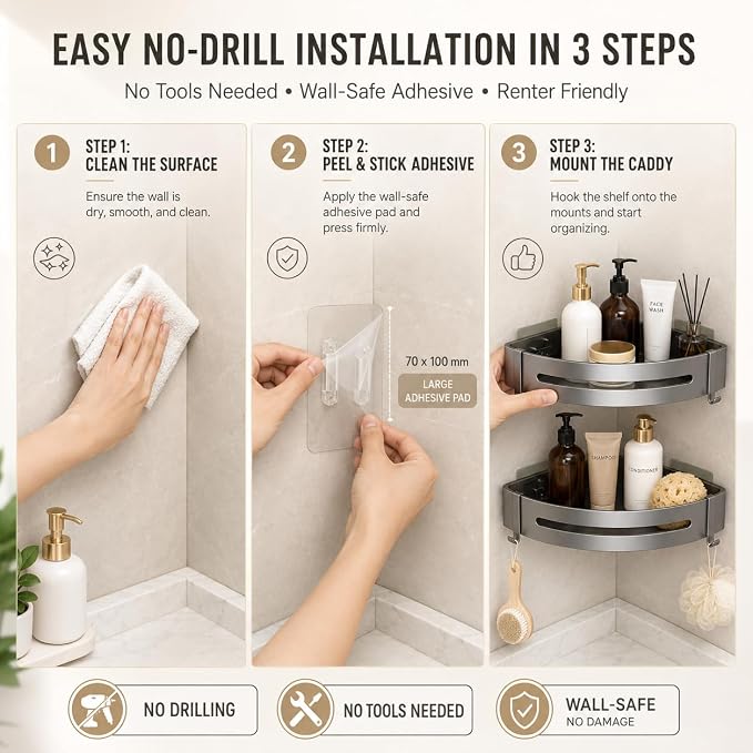 Corner Shower Caddy - 2 Pack Rustproof Stainless Steel Bathroom Organizer Shelves for Inside Shower, No Drill Adhesive Wall Mount Heavy Duty Storage Rack with 4 Hooks, Gunmetal