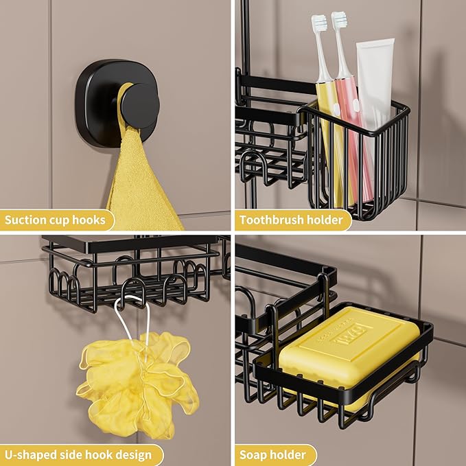 DAOYA Shower Caddy Hanging - Shower Caddy for Handheld Shower Heads with Soap holder, Toothbrush Holder & Suction Hook, Universal 0.82-inch Fit with Non-Slip Rubber Pad, Black