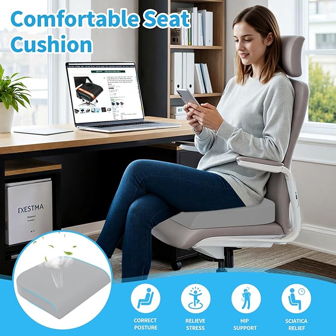 TranquilRelax Large Seat Cushion, Memory Foam Cushion for Long Sitting Hours on Office Chair, Home & Car, Non-Slip Chair Pad for Relieving Back & Sciatica & Hip & Coccyx Pain (Light Grey)