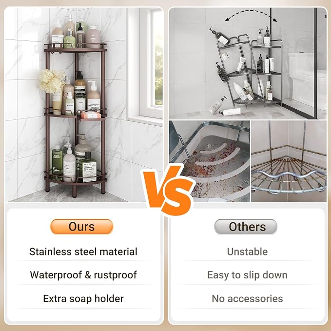 ELYKEN Corner Shower Caddy Standing, 3 Tier Rustproof Metal Shower Organizer with Soap Holder, Floor Shower Corner Shelf Rack Storage Stands with Adjustable Feet & 2 Hooks for Bathroom, Bronze