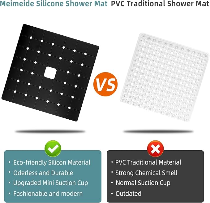 Shower Mat Non Slip Silicone Soft Odorless Bathtub Mat Non Slip No Suction Cups for Refinished,Reglazed and Textured Bath Tub Mat 24 X 24 Inch Black