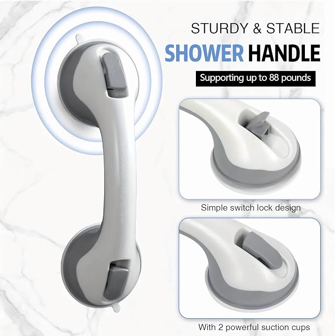 2 Pack Grab Bars for Shower and Bathtub - Heavy Duty Suction Shower Grab Bar for Seniors & Elderly - 12 Inch Suction Cup Safety Handle Removable Bath Handrails (No Drill Bathroom Safety Bars), Grey