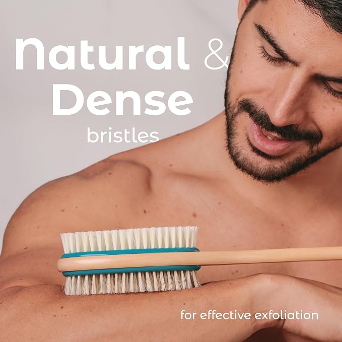 MainBasics Back Scrubber Shower Brush Long Handle Dual Sided Body Brush with Exfoliating Soft Bristles for Back Scrubbing Deep Cleaning and Body Wash (Teal)