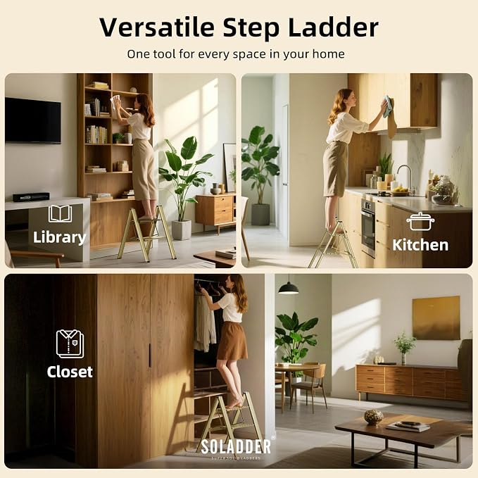 SOLADDER 2 Step Ladder, Anti-Slip and Lightweight Foldable Step Stool for Adults to Use in Kitchen, Closet and Library, 300lbs(Brown Gold)