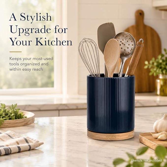 QUELIEN Utensil Holder, 360° Rotating Ceramic Kitchen Utensil Holder for Countertop, 7.7" Utensil Crock for Kitchen Counter with Rotatable Wooden Base,Ideal Housewarming Gift & Mothers Day Gift