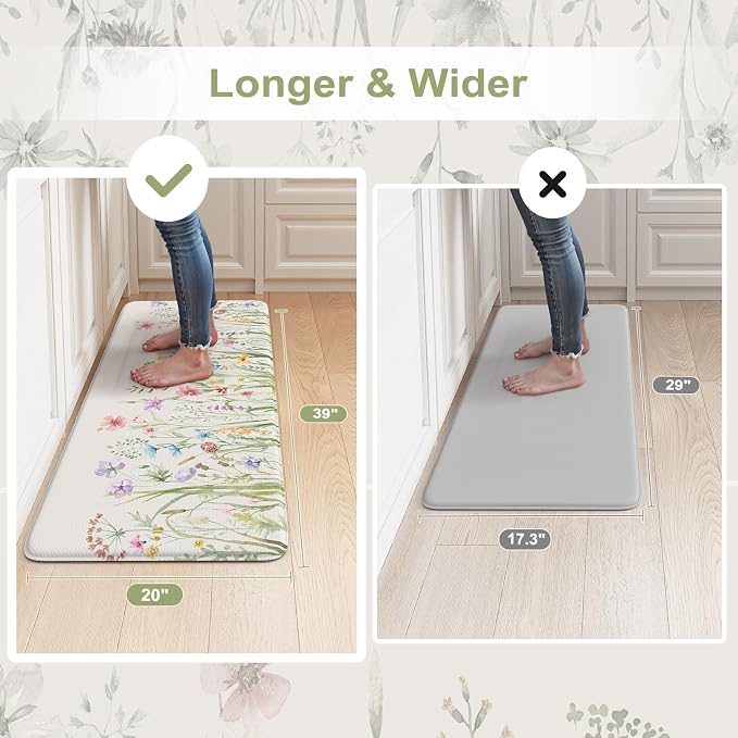 KIMODE Anti Fatigue Mats for Kitchen Floor, 20"x39" White Floral Kitchen Rug, Cushioned Kitchen Floor Mat Non Slip, Memory Foam Standing Mat for Sink Laundry Office Desk