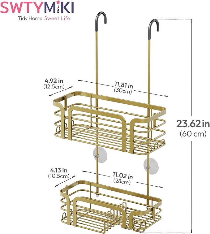 SWTYMIKI Shower Caddy Hanging Organizer - Over the Door Shower Caddy with Soap Holder, 11 Hooks, 2 Installation Ways, Stainless Steel Rustproof Bathroom Organizer, Gold