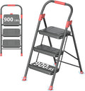 DIAMONDFORGE 3 Step Ladder, Folding Step Stool with Anti-Slip Wide Pedal, Soft Handle, Anti-Slip Feet, Sturdiest Steel Construction, 900lbs Capacity Steel Ladder for Home and Office, BlackRed