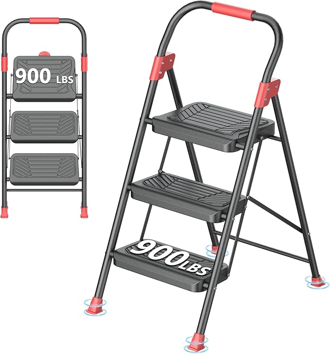 DIAMONDFORGE 3 Step Ladder, Folding Step Stool with Anti-Slip Wide Pedal, Soft Handle, Anti-Slip Feet, Sturdiest Steel Construction, 900lbs Capacity Steel Ladder for Home and Office, BlackRed