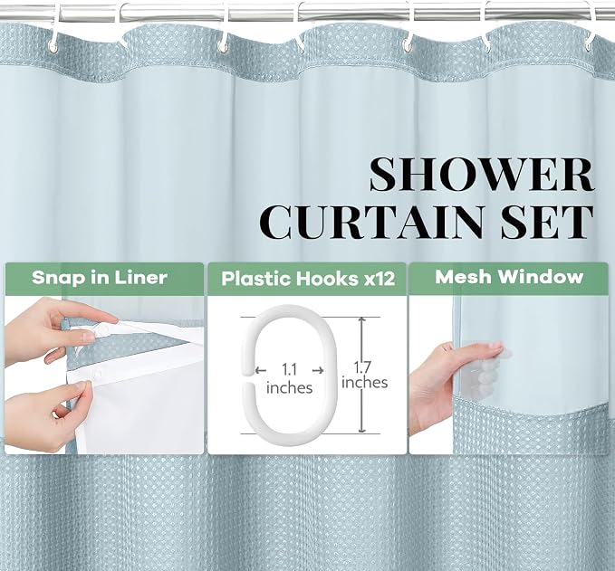Dynamene 78 Inch Long Shower Curtain, Tall Waffle Fabric Shower Curtains for Bathroom, Hotel Waterproof Cloth Shower Curtain Liner Set with Hooks, Snap in Liner, Mesh Top Window, Fog Blue, 72x78