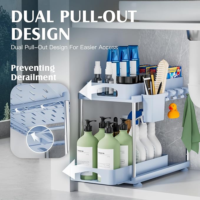 VERIFOST Under Sink Organizer (2 Pack), 2 Tier Under Sink Organizer, Adjustable Height Cabinet Organizer and Storage, in Blue