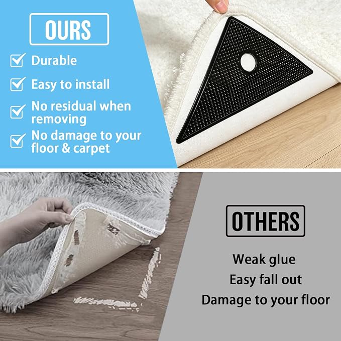 16 Pcs Rug Tape, Gripper for Rug for Hardwood Floors, Double Sided Reusable Carpet Tape Stickers, Rug Anti Slip Grips for Area Rugs, Non Slip Rug Pads (Black)