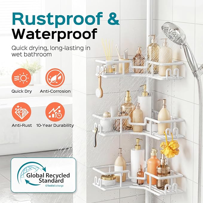 HAMITOR Shower Organizer Tension Pole: 4-Tier Rustproof Large Capacity Corner Shower Caddy with Hooks - Heavy Duty No Drilling Adjustable Storage Rack for Family, Apartment & Dorm 47-123 Inch White